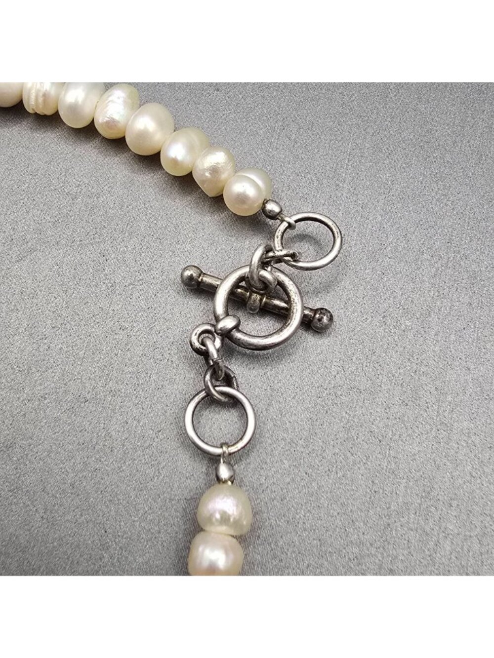 VTG White Graduated Baroque Pearl Necklace 22" Sterling Toggle Crystal Accents - Picture 7 of 13